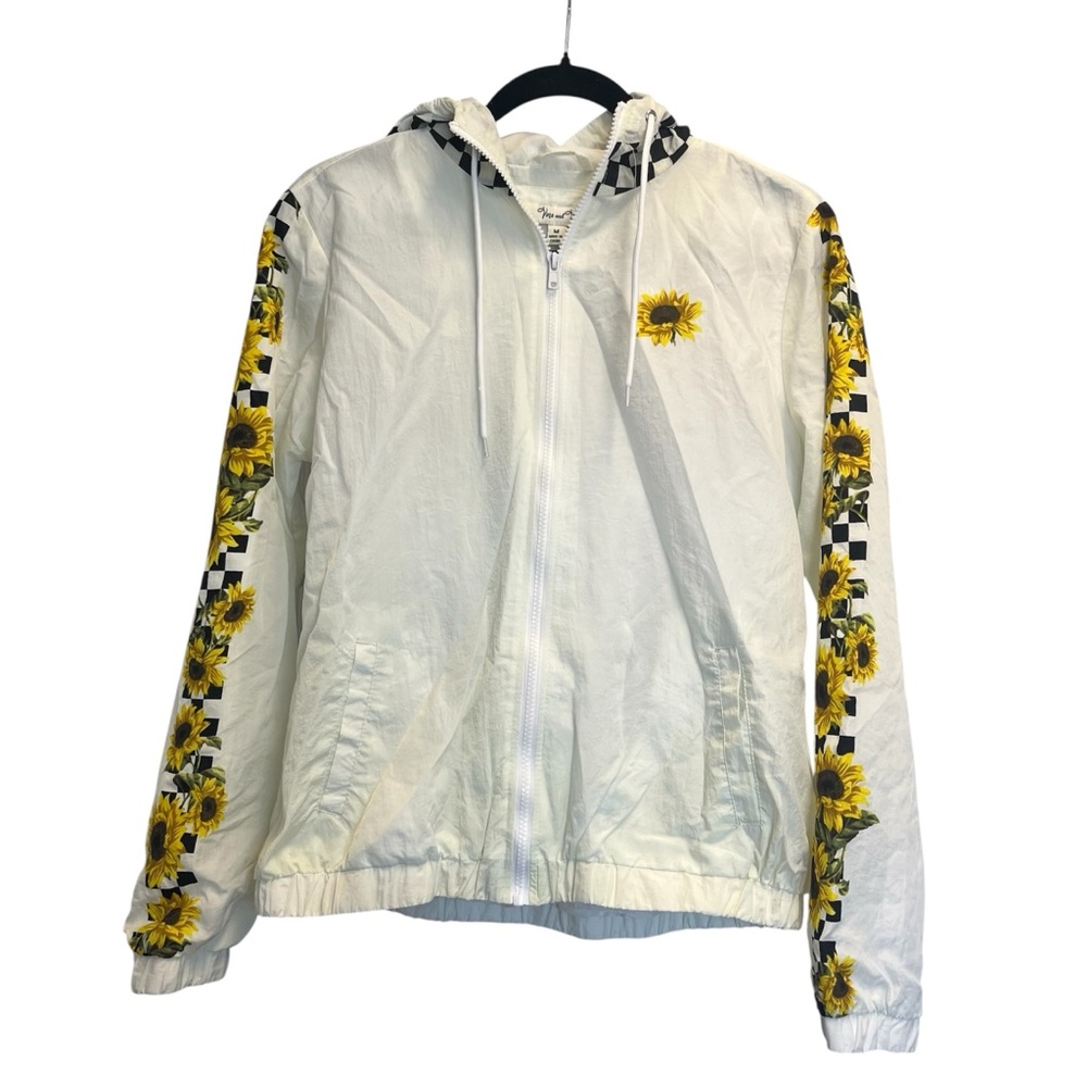 Vine & Valley White Jacket Windbreaker w/ Sunflower & Checkerboard Print Sz M